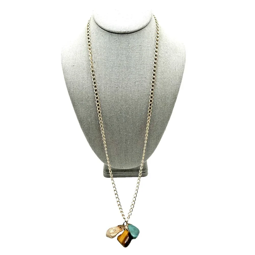 Vintage Organic Semi Precious Stone Pendant Necklace Gold Tone Dangles 30
